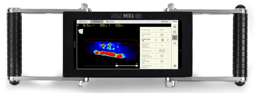 A 3D image of a material defect in a test position of the ultrasonic device